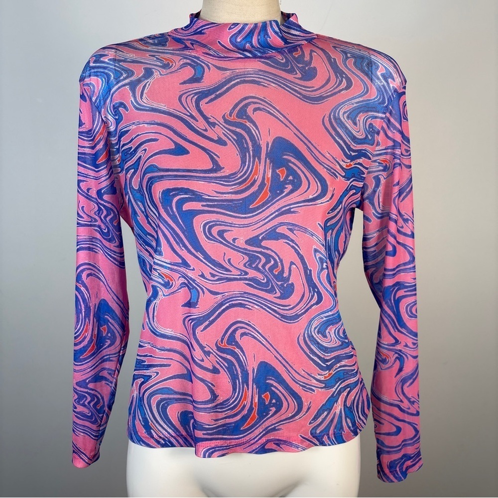 Tokyo Talkies Vintage Y2K Pink Blue Marble Swirl Mesh Long Sleeve Top L
